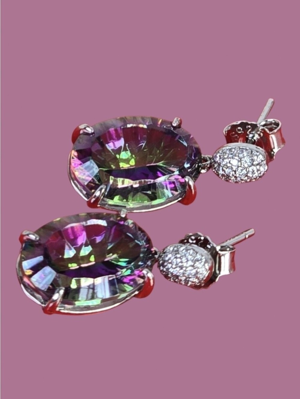 925 Sterling Silver Earrings With Natural Mystic Quartz & CZ